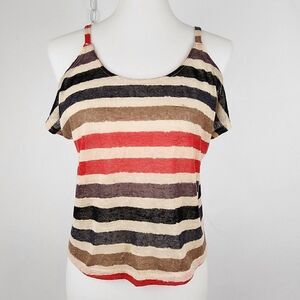 CHLOE K Cropped Cold Shoulder Knit Striped Short Sleeve Top Womens S